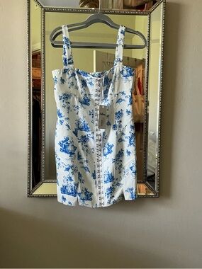Reformation White Toile Corset Tank with Blue Print